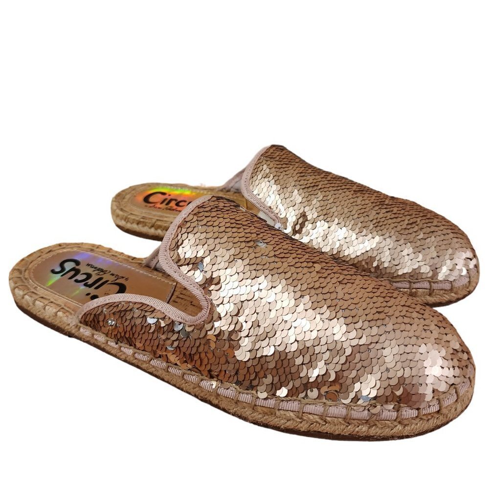 Circus Sam Edelman Leanne‎ Moccasin Espadrille Slide Shoes Rose Gold Sequin 7.5